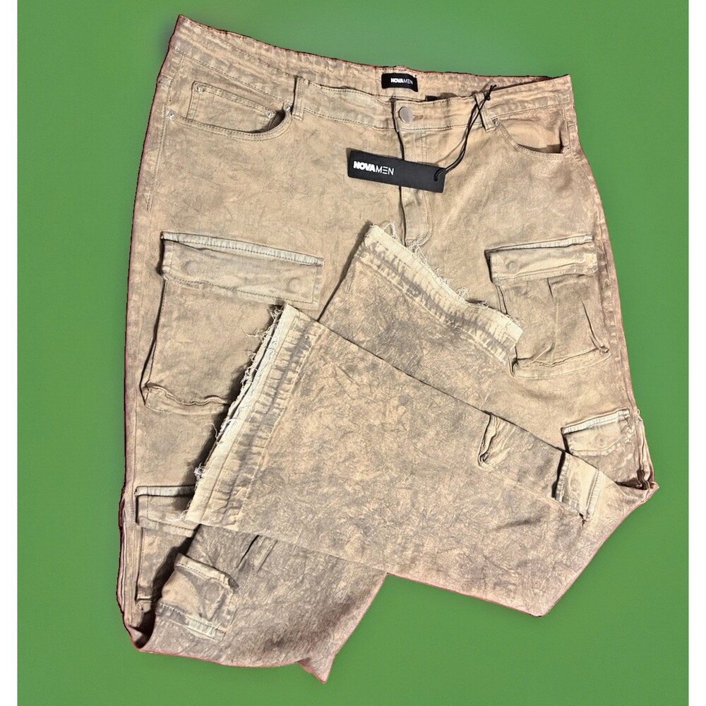 Fashion Nova Men TAUPE Multi Pocket Cargo Pants Mens 42 Tactical Utility Twill
